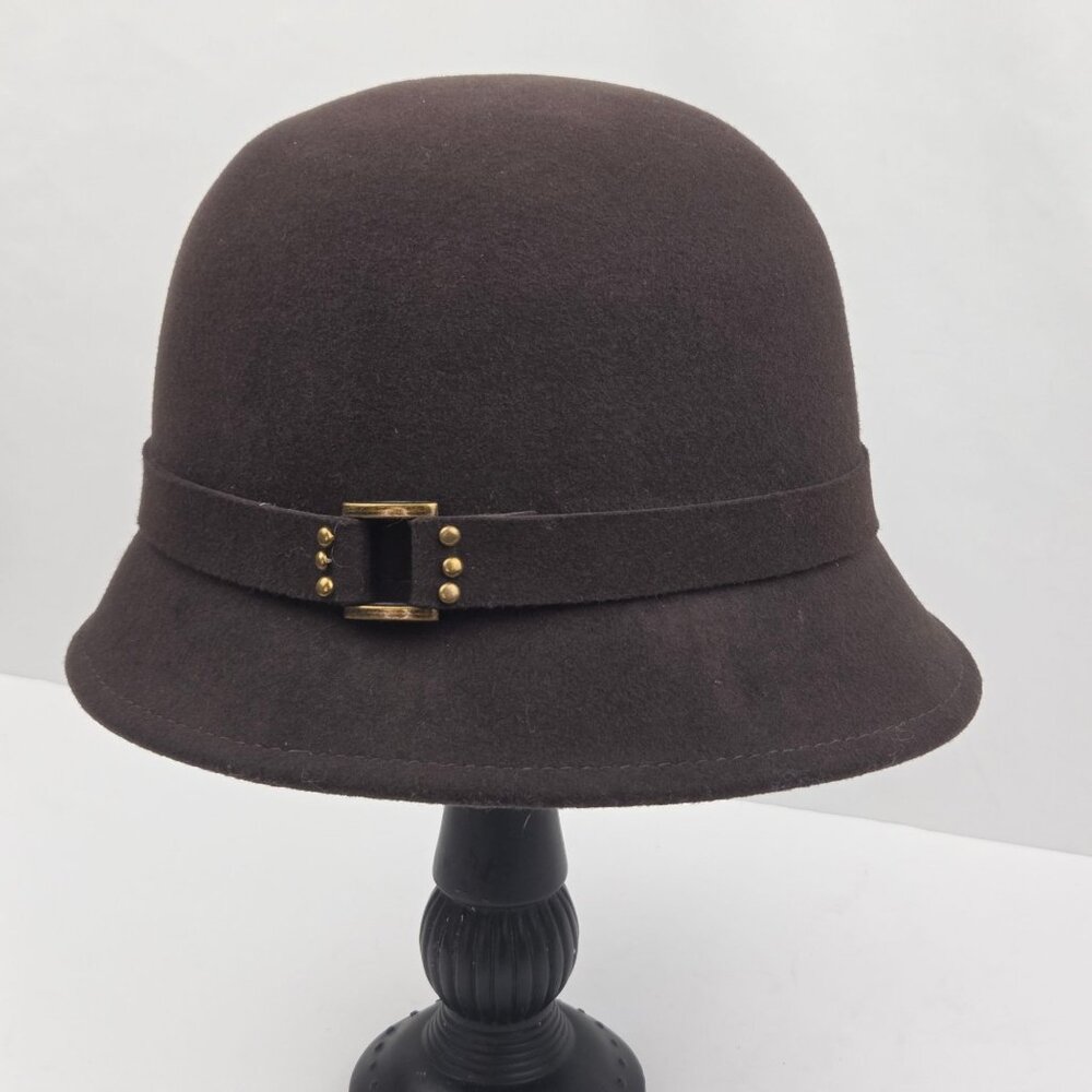 August T Brown Wool Cloche Hat With Gold Buckle Detail Womens Vintage Style
